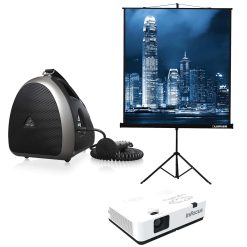 InFocus IN1014 + Lumien 165×220 cm (4:3) + Behringer MPA40 | Переносной проектор с экраном на треноге и мобильной акустической системой с микрофоном