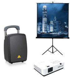 Переносной проектор InFocus с экраном Lumien 4:3 на треноге и мобильной акустической системой с микрофоном